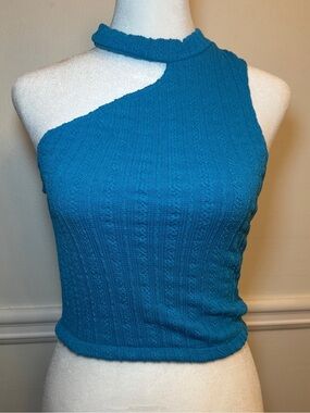 Zara One Shoulder Knit Crop Top Blue Cutout Halter Size S NWT